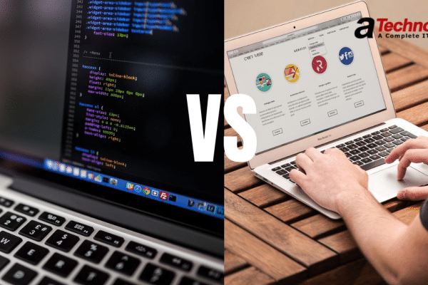 The image shows that on one side a laptop with code and on the other side a person changing template, depicting custom website vs template.
