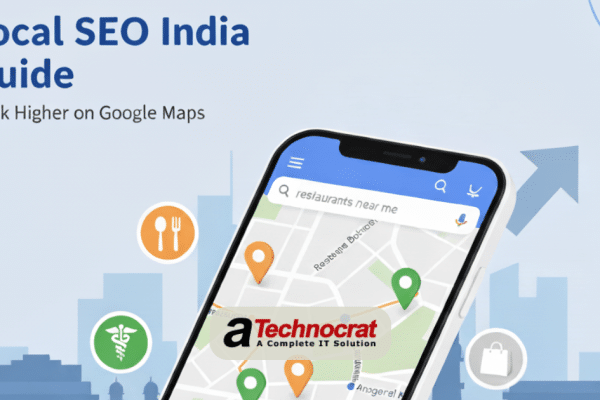 Local SEO India complete guide showing smartphone with Google Maps, business listings, and 5-star reviews for Indian businesses ranking higher in local search results