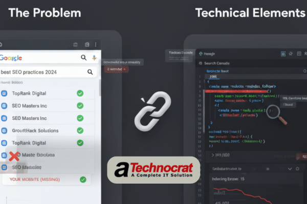 Developer debugging why website doesn't appear on Google with code editor showing SEO technical errors and search console warnings