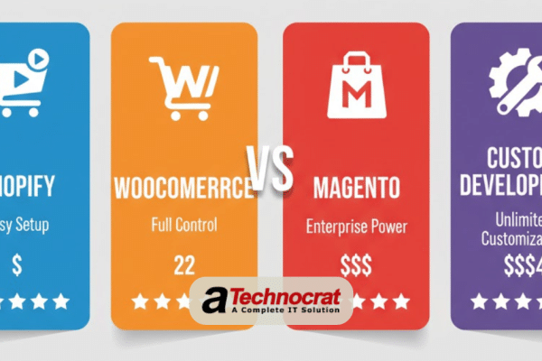 Ecommerce platform comparison infographic showing Shopify vs WooCommerce vs Magento vs Custom Development with costs and difficulty levels for 2025