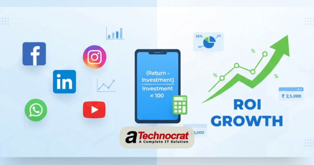 Social media marketing ROI calculation guide showing analytics dashboard with Facebook Instagram LinkedIn icons and growth chart for measuring business results