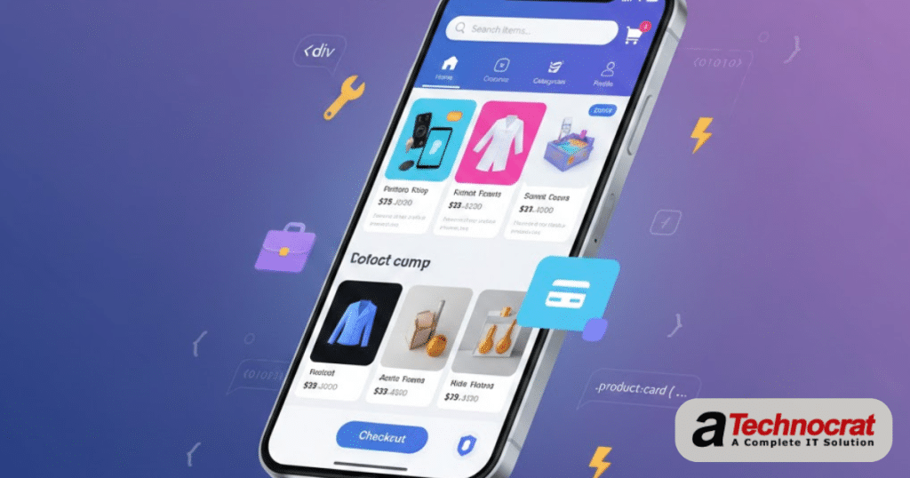 Professional e-commerce mobile app development featured image showing smartphone with shopping app interface, development icons, and modern UI design elements