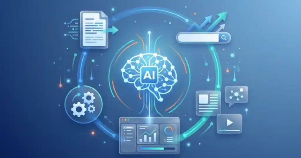 AI content marketing strategy 2026 illustration showing automated content creation workflow with machine learning algorithms analyzing search data, content optimization dashboards, and rising search ranking graphs representing search engine dominance
