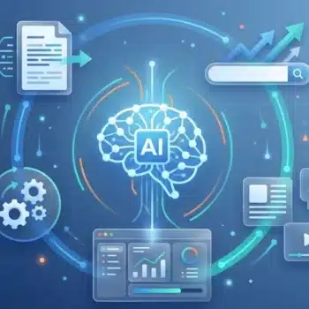 AI content marketing strategy 2026 illustration showing automated content creation workflow with machine learning algorithms analyzing search data, content optimization dashboards, and rising search ranking graphs representing search engine dominance