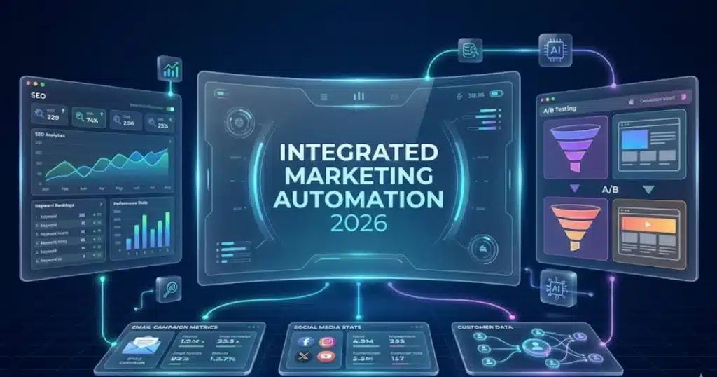 Integrated marketing automation 2026 dashboard showing unified SEO analytics email campaigns and website design performance metrics