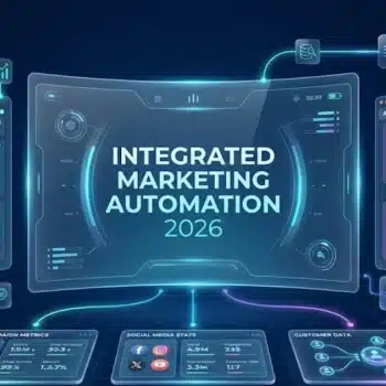 Integrated marketing automation 2026 dashboard showing unified SEO analytics email campaigns and website design performance metrics