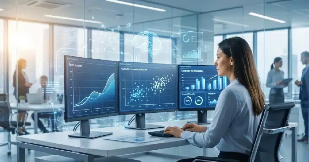 Predictive marketing analytics 2026 dashboard showing AI marketing intelligence and customer behavior forecasting for global businesses