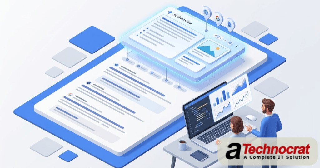 Google AI Overview SEO 2026 optimization guide showing AI-generated search results with structured content and schema markup strategies
